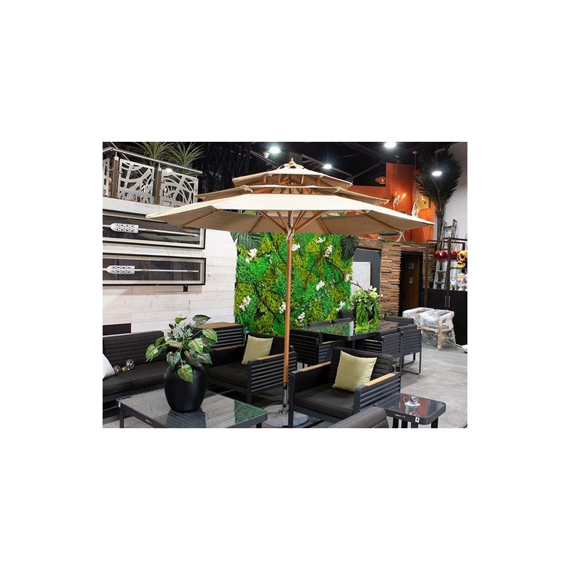 SOMBRILLA DE JARDÍN DE DOBLE TECHO CON BASE KHAKI | www.outdoor.mchomes.mx